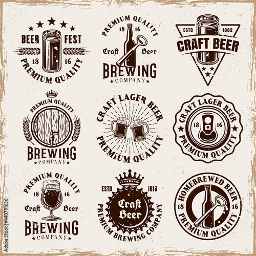 Beer and brewery set of vector emblems, labels, badges or logos in vintage style on background with removable grunge textures