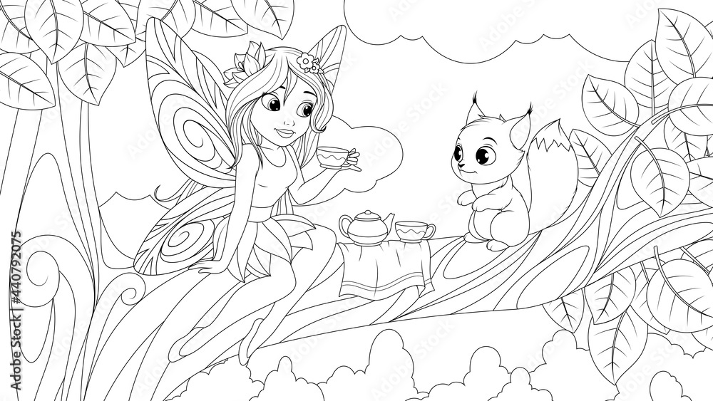 Vector illustration, a cute fairy sits on a tree and treats a baby squirrel with tea