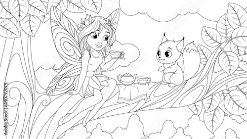 Vector illustration, a cute fairy sits on a tree and treats a baby squirrel with tea