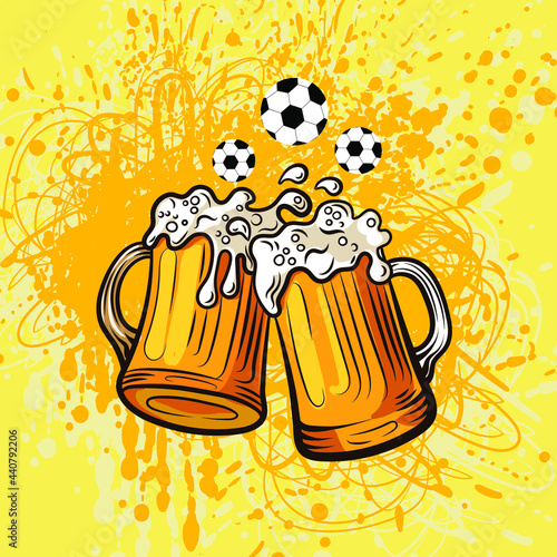 Vector Beer Mugs and Football Balls in Foam, Colorful Illustration Template.
