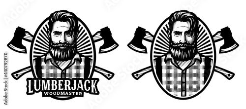 Lumberjack, woodmaster emblem with crossed axes. Two options. Vector illustration.