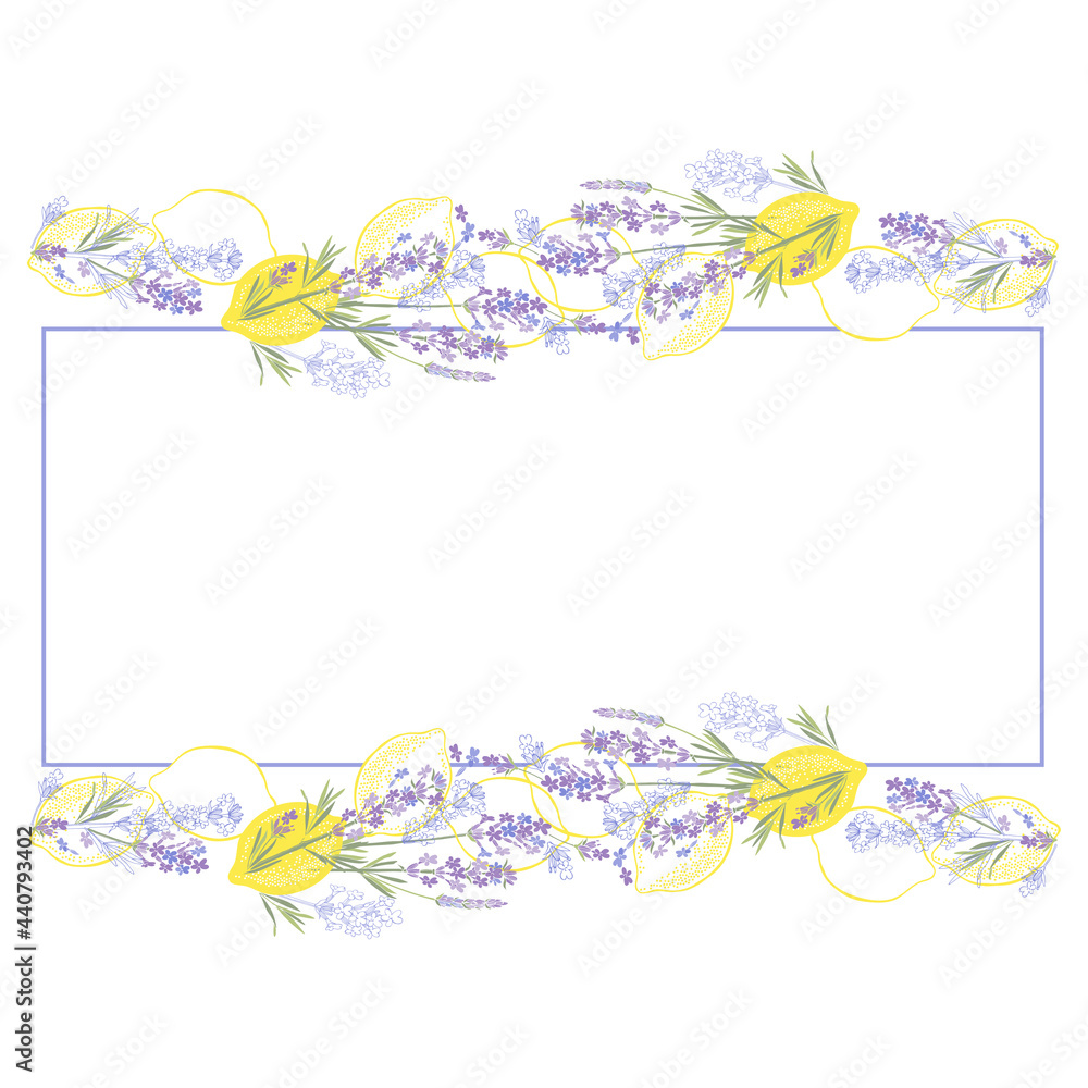 Floral background with  lavender flowers, lemons and place for text. Vector illustration on  white. Invitation, greeting card or an element for your design.