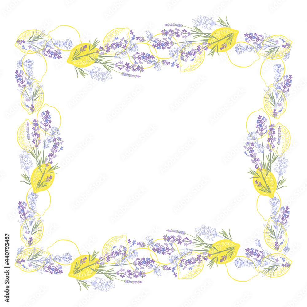 Lavender and lemons. Square floral frame. Vector layout decorative greeting card or invitation, menu, element design background.. Lavender and lemons. Square floral frame. Vector layout decorative greeting card or invitation, menu, element design background..
