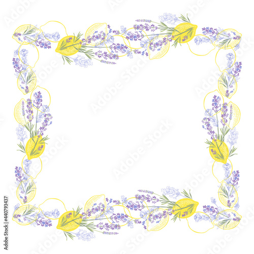 Lavender and lemons. Square floral frame. Vector layout decorative greeting card or invitation, menu, element design background..