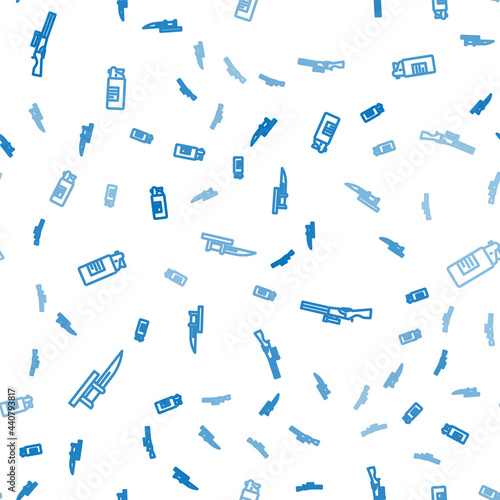 Set line Bayonet on rifle, Hunting gun and Weapons oil bottle on seamless pattern. Vector