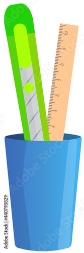 Pen holder dark blue with school supplies or office equipment. Pen and stationery knife, ruler in vertical plastic box. Office and home supply stationery and education. Vector flat clerical glass photo