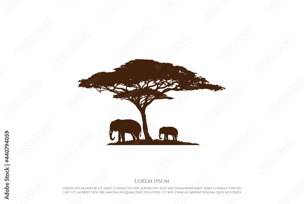 African Acacia Tree Silhouette with Elephant for Wild Safari or Conservation Logo Design Vector - obrazy, fototapety, plakaty 