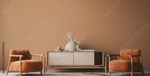 Cozy home interior with wooden furniture on brown background, empty wall mockup in boho decoration, 3d render