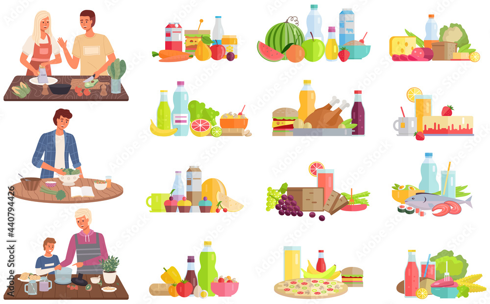Set of illustrations about proper healthy nutrition and vegetarianism. Process of cooking meals without meat. Natural ingredients. People cook meatless meals. Characters preparing vegetarian food