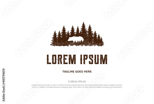 Pine Cedar Conifer Coniferous Evergreen Fir Larch Cypress Hemlock Tress Forest with Ice Polar Grizzly Bear for Camp Outdoor Adventure Logo Design Vector