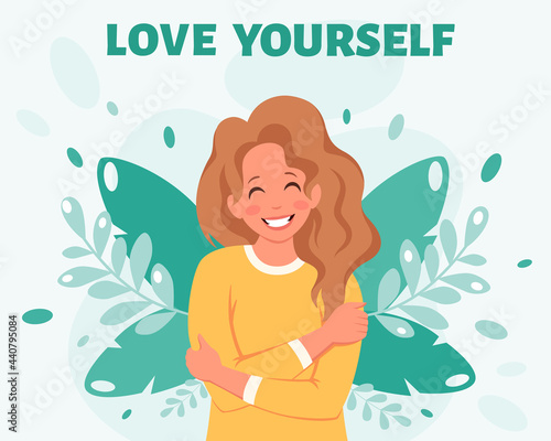 Love yourself concept. Woman hugging herself. Vector illustration