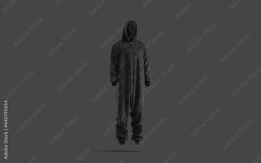 Blank black plush jumpsuit with hood mockup, dark background
