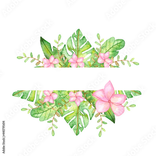 Watercolor composition of tropical flowers and leaves on a white isolated background hand drawing. Logo  packing  print fabric cardmacing.