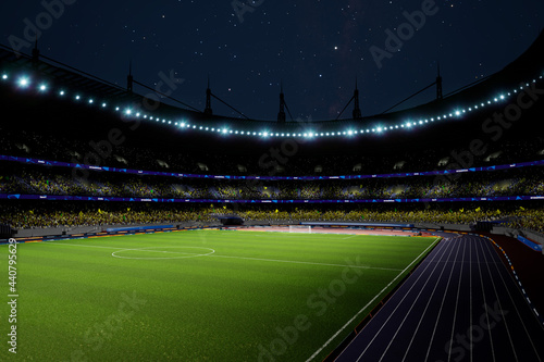 night soccer stadium arena with crowd fans . High quality photo render