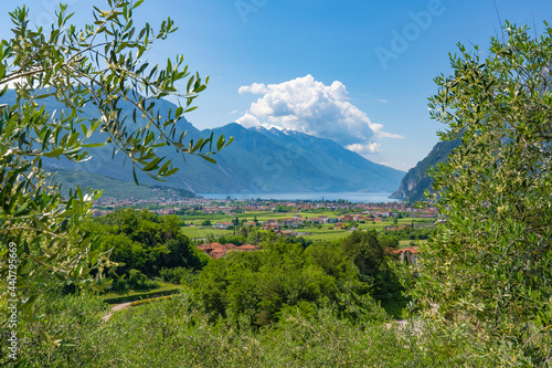 scenic view on Riva del Garda and Torbole at the north shore of Lake Garda  Trentino  Italy 