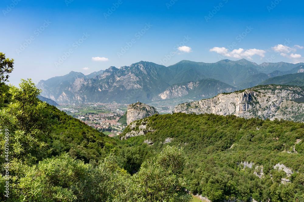 Scenic view over Sarca Valley and the village of Arco in the Garda Lake mountains near Riva del Garda, Trentino, Italy
