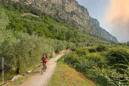 nice and active senior woman riding her electric mountain bike in the Garda lake mountains between blooming the olive groves of Arco close to Riva del Garda and Garda Lake 