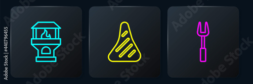 Set line Brick stove, Barbecue fork and Steak meat. Black square button. Vector