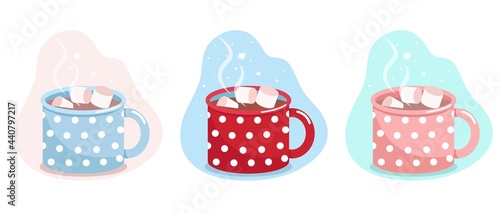 Mug with cocoa and marshmallows, blue,red and pink mug in white polka dots, vector flat illustration, isolated, cartoon.