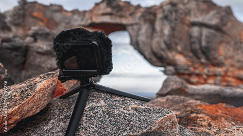Sun Setting on Wolfberg Arch With Action Camera In Focus