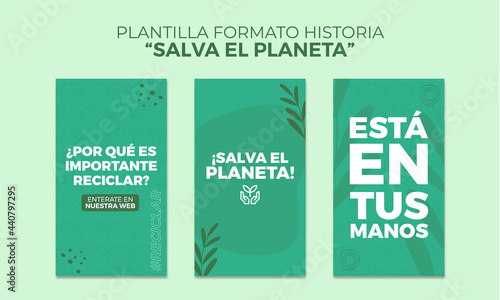 Plantilla de historias para redes. Concepto "Salva el planeta".  Desarrollo sustentable. Plantilla de naturaleza.