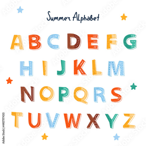 Doodle colorful summer alphabet. Perfect for the design of mugs, gifts, textiles, cards, banners, posters, web and more