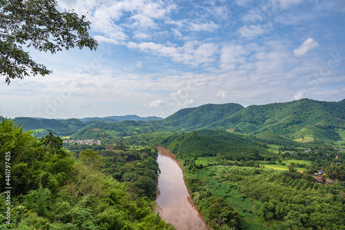 Beautiful landscape view of mekong river from Chiangkhan Glass skywalk at  Phu khok ngio big buddha chiang khan district loei thailand.New landmark of chiangkhan district photo