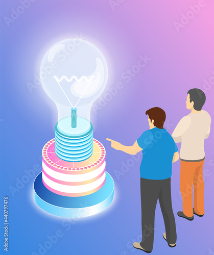 People work with information and data. Idea symbol in form of lightbulb. Colleagues communicate and discuss startup. Men look at big light bulb, symbol of business idea. Planning startup, new project