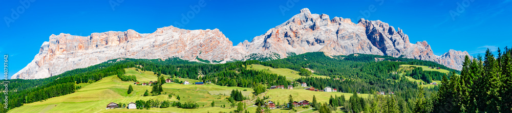 Panoramic view of magical Dolomite peaks in Fanes-Sennes-Braies natural park at South Tyrol, Italy, blue sky, wide angle