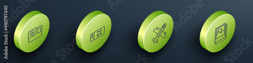 Set Isometric line Action camera, Airline ticket, Plane and Photo icon. Vector