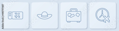 Set line Airline ticket, Suitcase, Elegant women hat and Clock with airplane. White square button. Vector