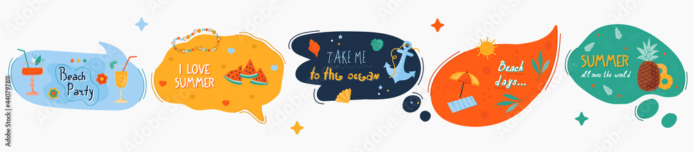 Doodle summer speech bubbles with colorful stickers. Stylized quote and slogan. Perfect for the design of mugs, gifts, textiles, cards, banners, posters, web and more Doodle summer speech bubbles with colorful stickers. Stylized quote and slogan. Perfect for the design of mugs, gifts, textiles, cards, banners, posters, web and more