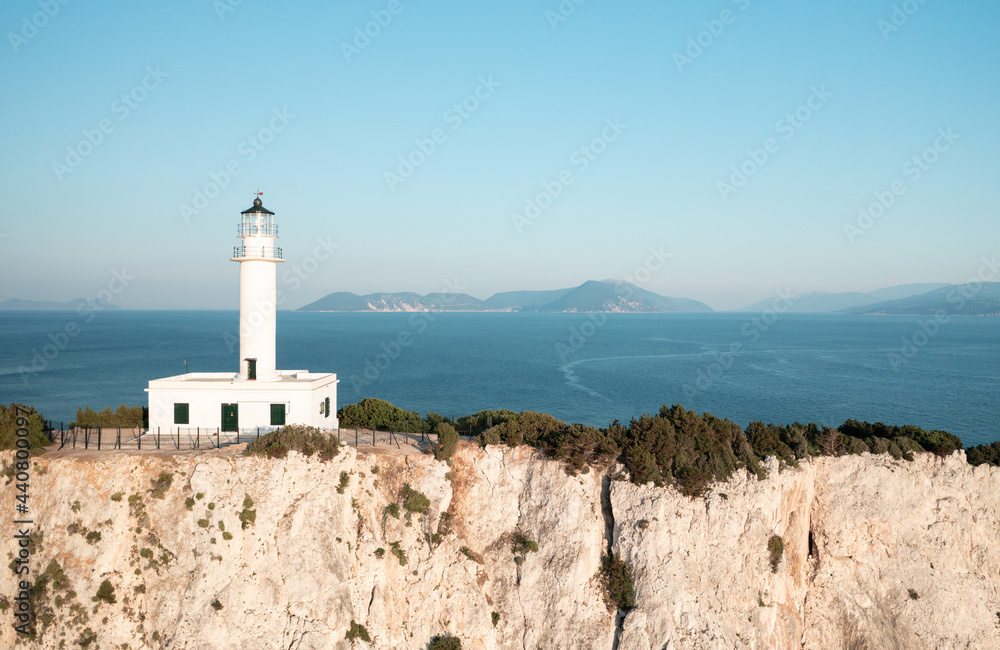 White lighthouse at the Greek island Lefkada, Cape of Ducato.