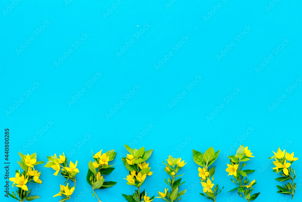 Floral pattern of yellow flowers with leaves, top view