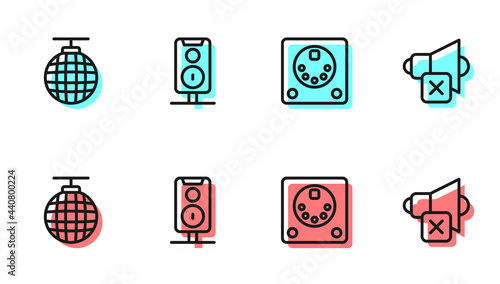 Set line Drum machine, Disco ball, Stereo speaker and Speaker mute icon. Vector