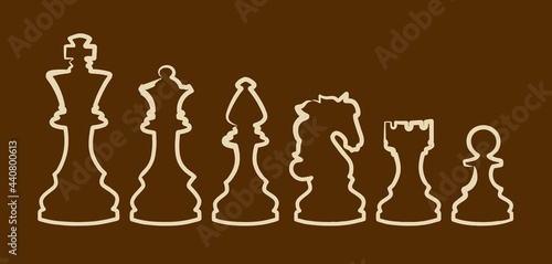 A doodle-style chess set on a brown background. World Chess Day. Banner for the holiday in the chess style. Vector illustration