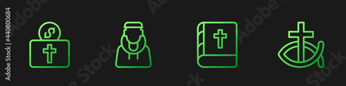 Set line Holy bible book, Donation for church, Monk and Christian fish. Gradient color icons. Vector