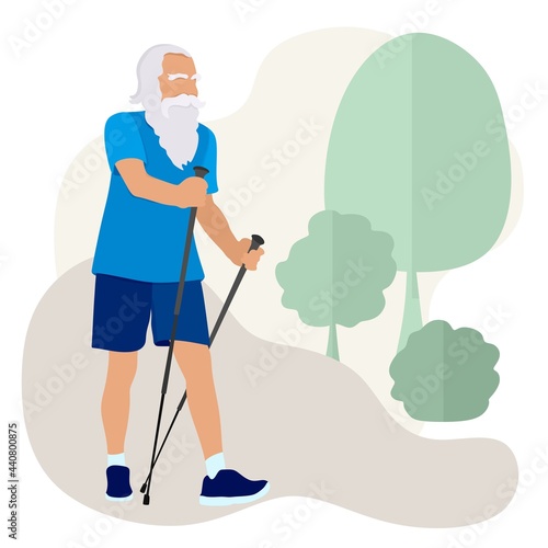 Nordic walking of a retired man. Sports life of the seniors. Old people walk, do exercises in the fresh air in the forest. Active lifestyle in retirement for pensioners.