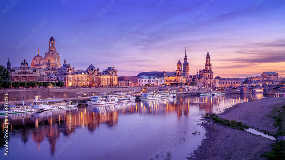 panoramic view at the old town of dresden while sunset, germany