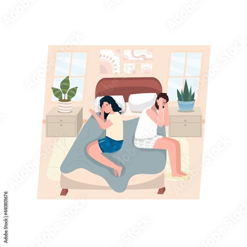Problems in a married couple. Quarrel in a bed.