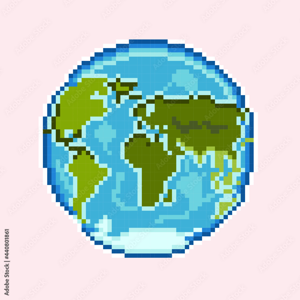Earth pixel art. Pixelated planet. Vector illustration on a white background