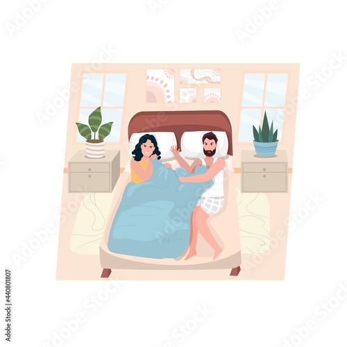 Problems in a married couple. Quarrel in a bed.