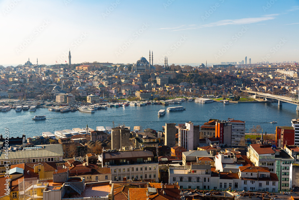 Picturesque view from Galata Tower of Golden Horn Bay overlooking ancient Suleymaniye Mosque in Fatih district in Istanbul on sunny winter day, Turkey