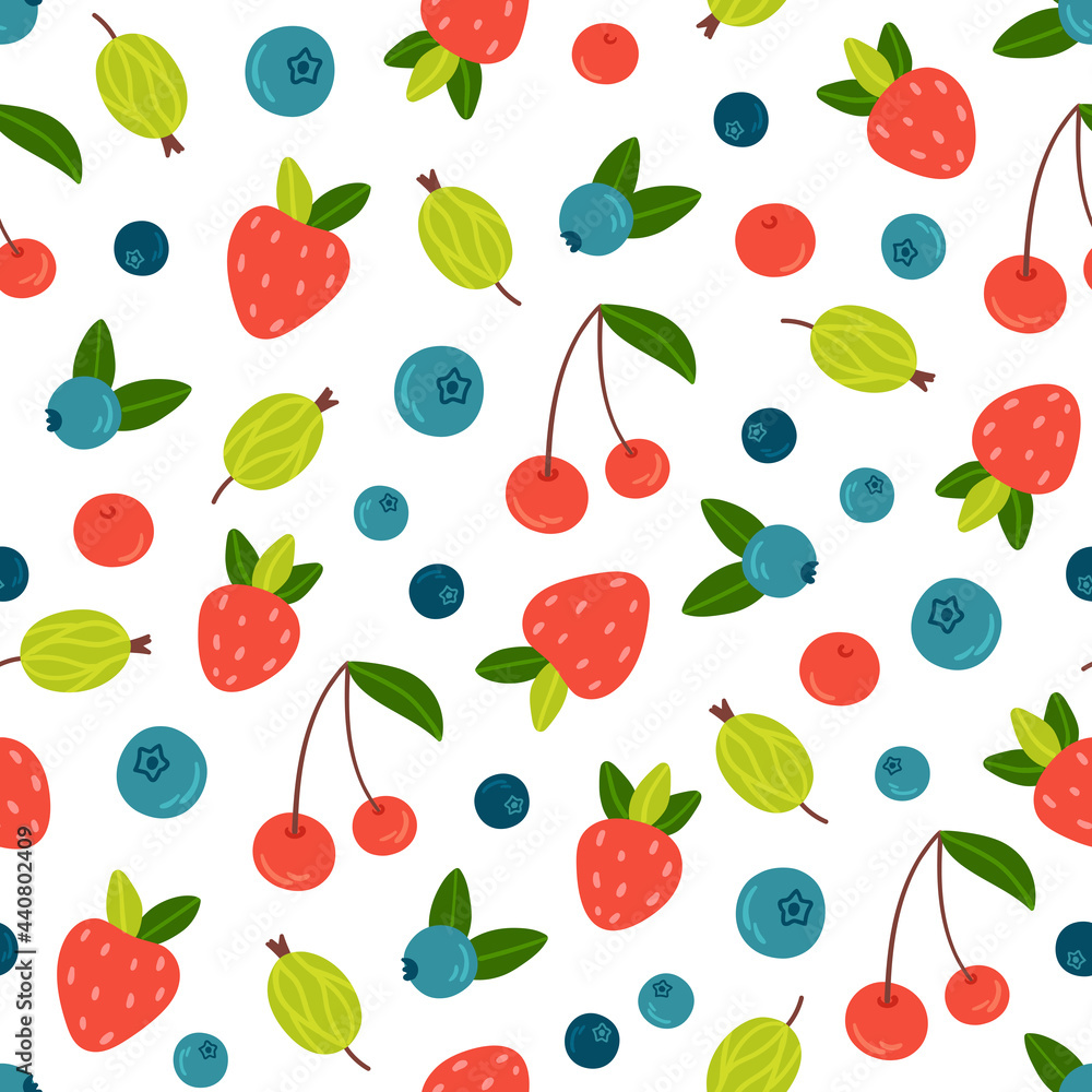 Cute summer pattern with garden berries - strawberries, cherries, gooseberries and blueberries on white background. Hand-drawn vector ripe berries in cartoon style. Print for textile Cute summer pattern with garden berries - strawberries, cherries, gooseberries and blueberries on white background. Hand-drawn vector ripe berries in cartoon style. Print for textile