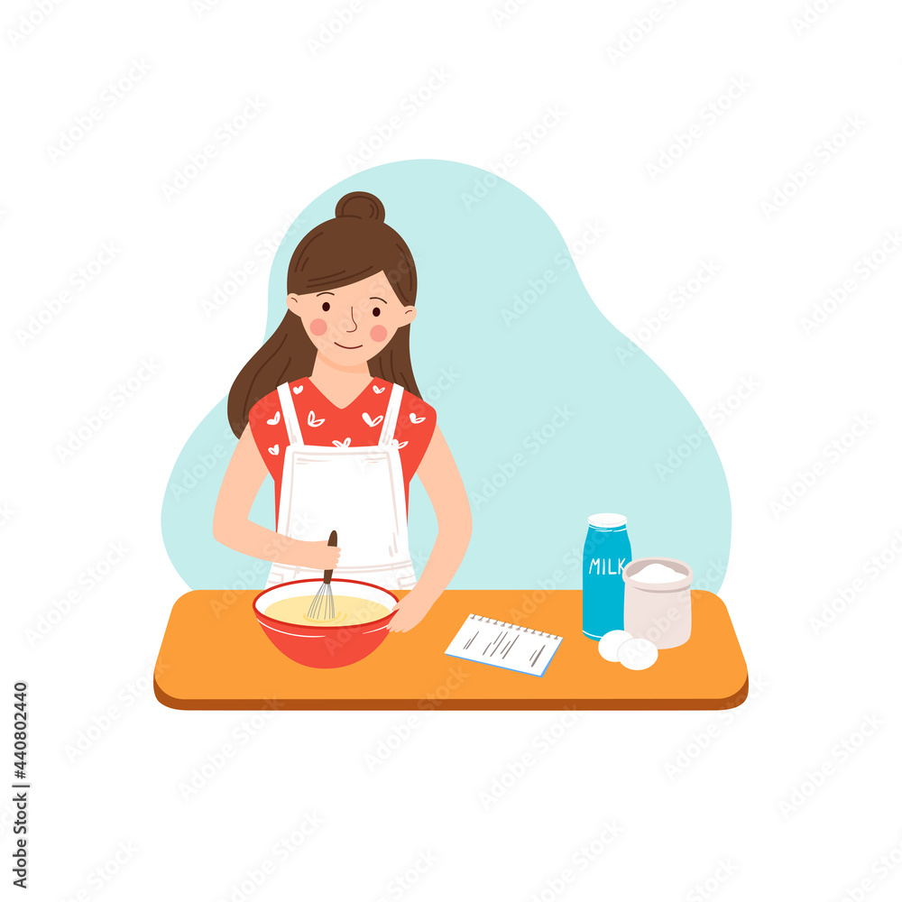 Young housewife prepares a recipe in the kitchen, stirring the dough in a bowl on the table. Cute lady in white apron prepares baking ingredients on the table. Vector cartoon illustration, copy space Young housewife prepares a recipe in the kitchen, stirring the dough in a bowl on the table. Cute lady in white apron prepares baking ingredients on the table. Vector cartoon illustration, copy space