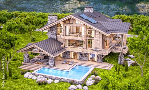 3d rendering of modern cozy chalet with pool and parking for sale or rent.  Massive timber beams columns. Beautiful forest mountains on background. Clear summer evening with cozy light from window © korisbo