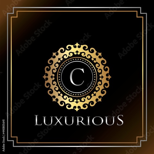 Gold Luxury Ornate Badge C Logo Letter. Elegance Ornate Decorative Luxury Initial Logo Template.