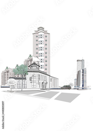 Series of backgrounds decorated with flowers, old town views and street cafes.    Hand drawn vector architectural background with historic buildings. 