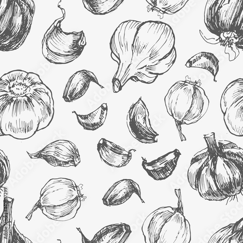 garlic vegetables vector graphics. Sketch doodle illustration hand drawn print textile. Vintage retro patern seamless set clipart spicy condiments foods
