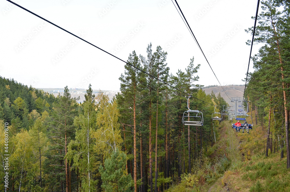 Funicular in Krasnoyarsk in Bobrovy Log park among trees and forest